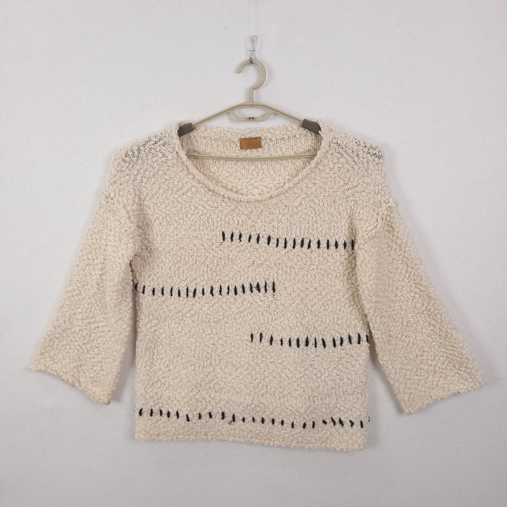 POL Sweater Womens Cream S Oversized Chunky Stitched Roll Up Neck Boho Rustic
